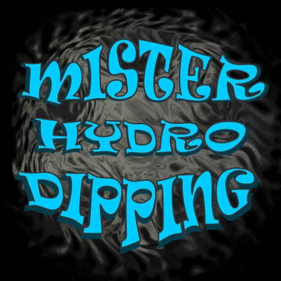 logo containing a warped rim background and the words mr hydro dipping in the foreground with a funky font style and a drop shadow